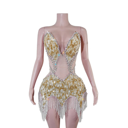 Sequin Beaded Tassels Mini Dress Crystals Mesh Bodycon Stage Performance Outfit