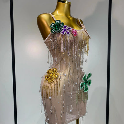 Colorful Rhinestone Pearl Sheer Dress & Two-Piece Mini Skirt Set Celebration Outfit