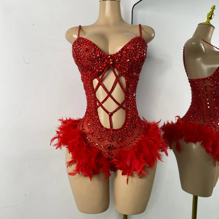 The Stardust Follies Feather Bodysuit – Luxury Rhinestone & Mesh Showgirl Costume