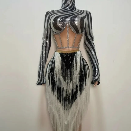 Sparkly Black & Silver Striped Sequin Long Sleeve Mini Skirt Set Costume