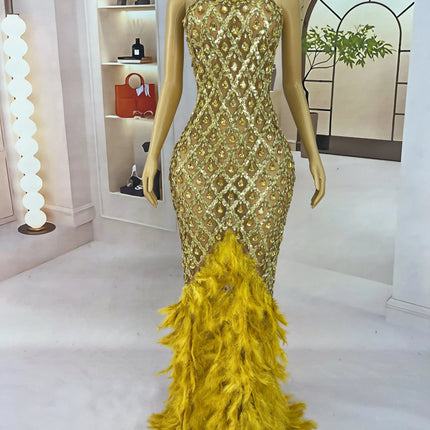 Sparkly Rhinestone Feather Sheer Mesh Evening Gown Stage Fashion Show Outfit