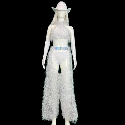 White Faux Fur Halter Top, Flare Chaps Pants, Long Gloves & Hat 4-Piece Stage Dance Costume Set