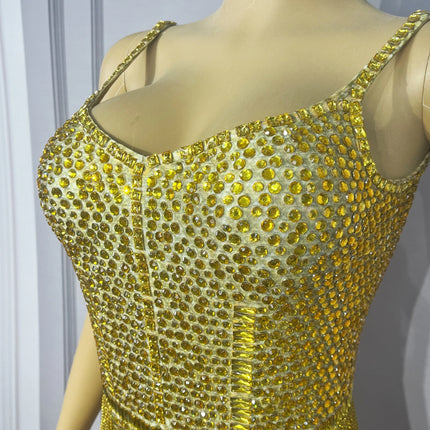 Gold Crystal Rhinestone Chain High-Cut Stage Performance Bodysuit Leotard