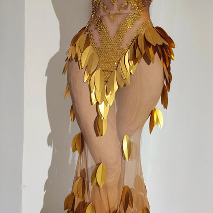 Gold Rhinestone Diamond Leaf Mesh Strapless Long Stage Gown Costume