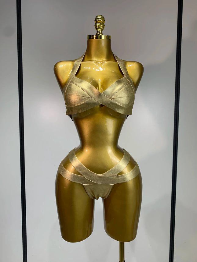 Gold Knitted Halter Bandage Two-Piece Set Stage Performance Costume Outfit