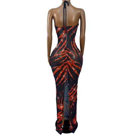 Crimson & Black Graphic Rhinestone Halter Maxi Gown Backless Illusion Evening Dress