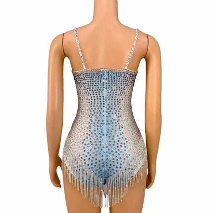 Rhinestone Fringe Bodysuit with Deep V Mesh Insert