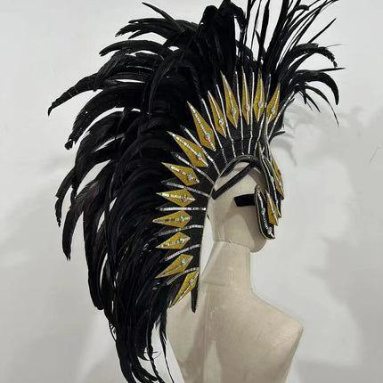 The Stardust Dark Empress – Premium Black Feathered Carnival & Gogo Headdress