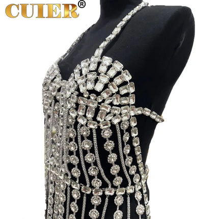 Sparkly Glass Crystal Tassel Body Chain Dress Drag Queen Stage Backless Mini Skirt