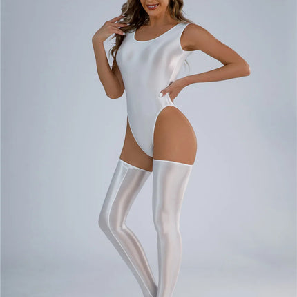 Backless High-Cut Oil Glossy Sheer Bodysuit & Matching Stockings Set
