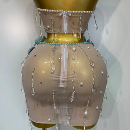 Colorful Rhinestone Pearl Sheer Dress & Two-Piece Mini Skirt Set Celebration Outfit