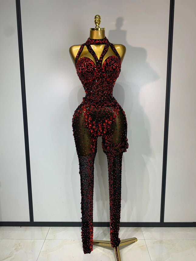 Crimson Diamond Rhinestone Catsuit Sheer Mesh Backless Jumpsuit Stage Costume