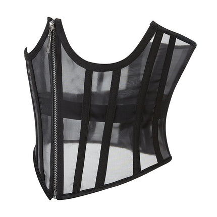 Transparent Sheer Mesh Underbust Corset Zipper Front Boned Waist Cincher Top