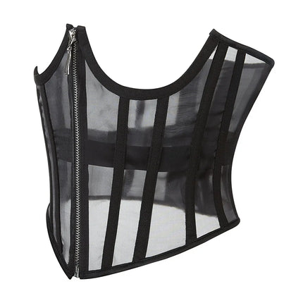 Transparent Sheer Mesh Underbust Corset Zipper Front Boned Waist Cincher Top