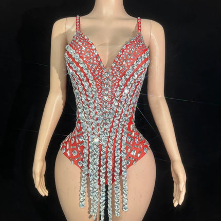 Sparkly Rhinestone Sequin Tassel Bodysuit Stage Performance Dance Leotard