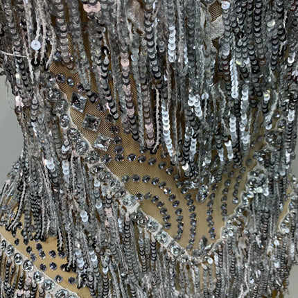Sparkly Rhinestone Tassel Backless Mesh Bodysuit Luxury Stage Performance Costume