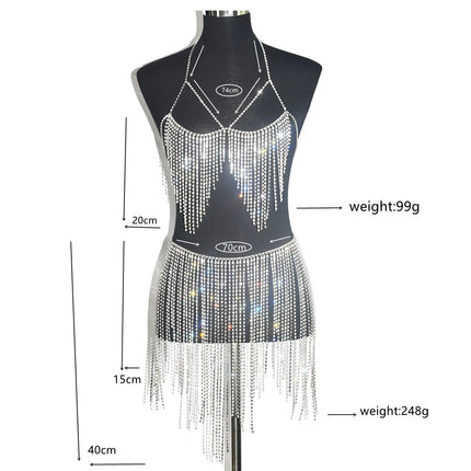 Dazzling Crystal Tassel Body Chain & Skirt Set