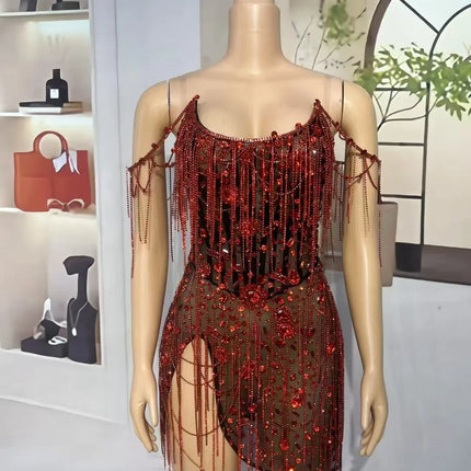 Red Party Diamond Chains Strapless Dress Women Evening Celebrate Red Carpet Catwalk Cocktail Dress Singer Concert Stage Costume