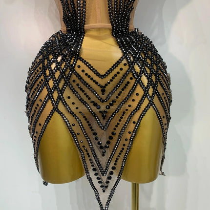 Sparkly Rhinestone Mesh Strapless Mini Dress Evening Stage Performance Outfit