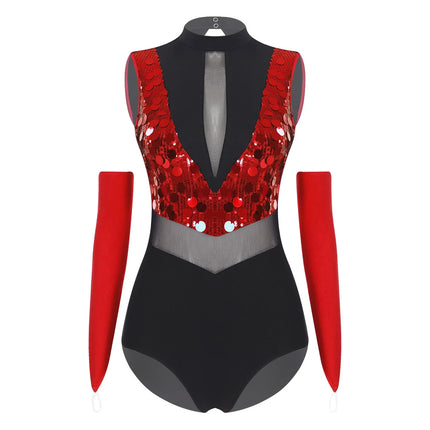 Sparkly Sequin Mock Neck Dance Leotard & Gloves Two-Piece Bodysuit Set