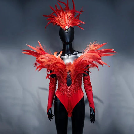Red Feather Winged Bodysuit Drag Queen & Showgirl Carnival Stage Costume