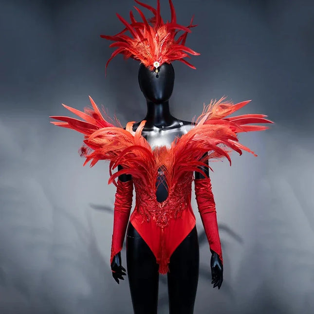 Red Feather Winged Bodysuit Drag Queen & Showgirl Carnival Stage Costume