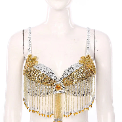 Sparkly Floral Beaded Sequin Belly Dance Bra & Tassel Performance Top