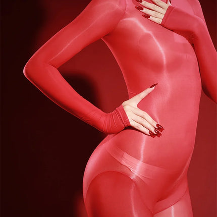 Oil Glossy High-Stretch Sheer Full-Length Bodysuit Thong Catsuit Jumpsuit