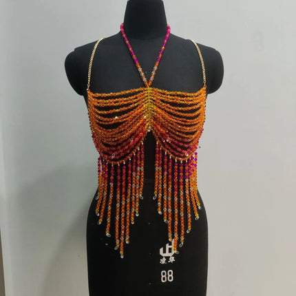 Handmade Multilayer Beaded Bra Chain & Vibrant Sunset Chest Harness
