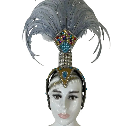 The Stardust Dionysia – Silver & Charcoal Feather Carnival & Masque Ball Headdress