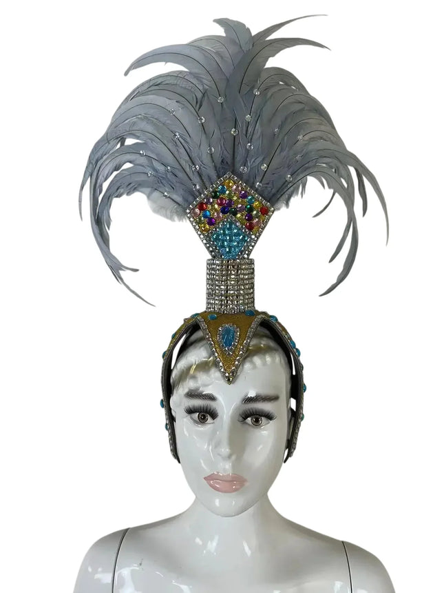 The Stardust Dionysia – Silver & Charcoal Feather Carnival & Masque Ball Headdress