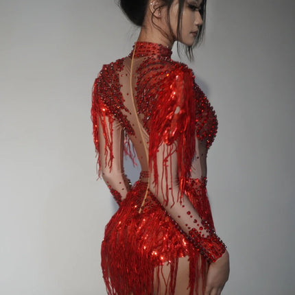 Sparkly Rhinestone Sequin Fringe Stage Bodysuit Performance Dance Leotard
