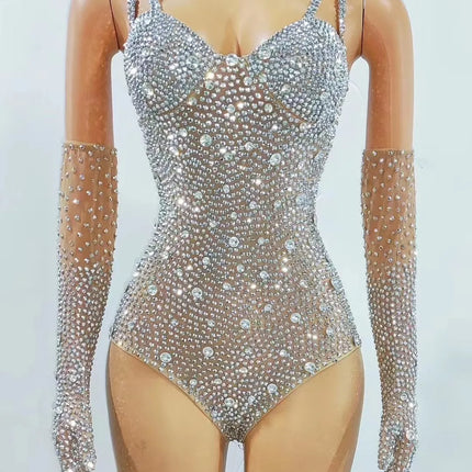 Sparkly Silver Crystal Rhinestone Bodysuit & Long Gloves Stage Costume Set