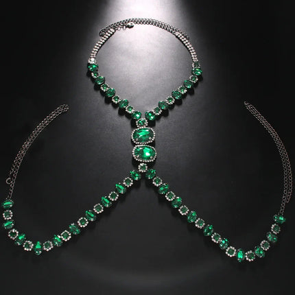 Men's Green Crystal Rhinestone Body Chain Harness Punk Stage Cross Chest Collar