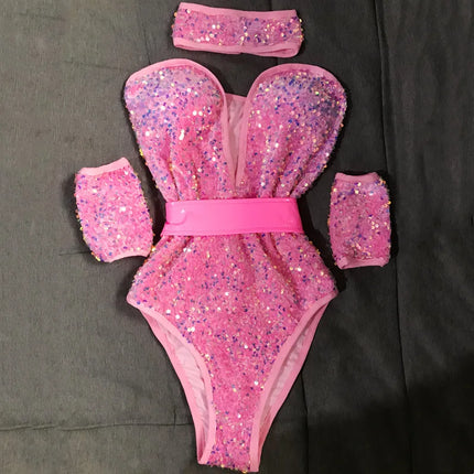 Deep V-Neck Sequin Bodysuit & Choker Collar Stage Performance Set