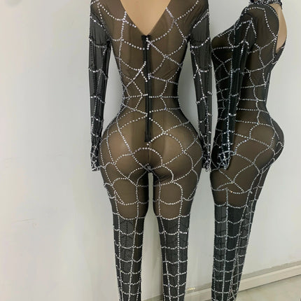 Black Spider Mesh Jumpsuit For Women Sexy Long Sleeve Performance Rompers Dance Show Stage Costume