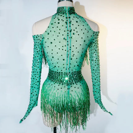 Rhinestone Tassel Mesh Performance Bodysuit