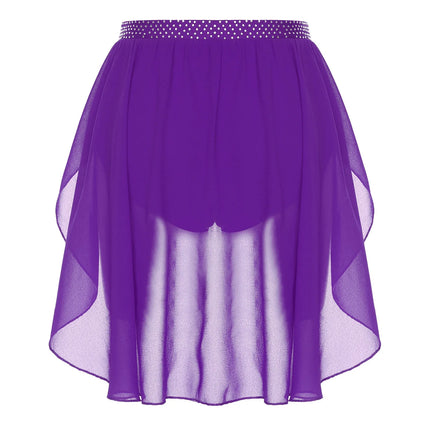 Womens Modern Lyrical Dance Skirt Performance Costume Sparkly Rhinestone Irregular Chiffon Hem Built-in Briefs Skirt Dancewear