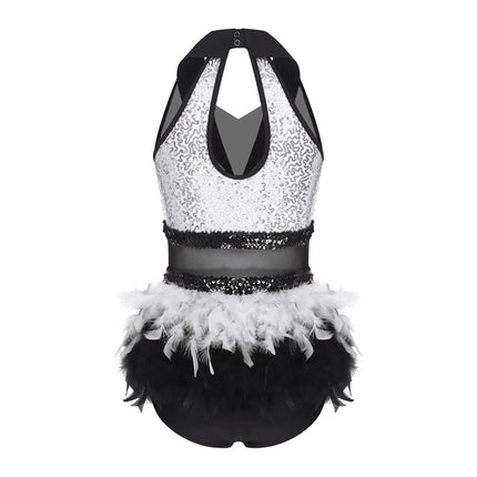 Women's Shiny Sequin Sheer Mesh Feather Latin Jazz Dance Bodysuit
