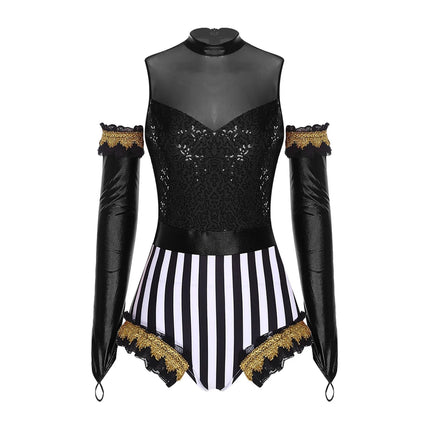 Circus Ringmaster Sequin Striped Bodysuit & Metallic Gloves 2-Piece Stage Costume Set