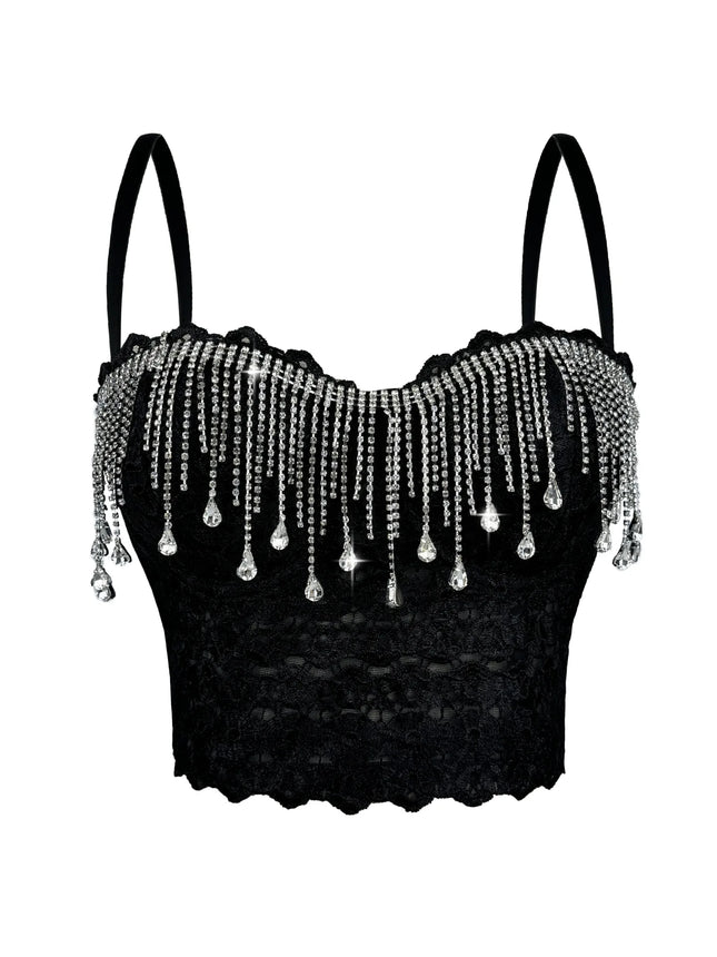 Lace Embroidery Diamond Tassel Bustier Corset Crop Top Stage Party Bralette
