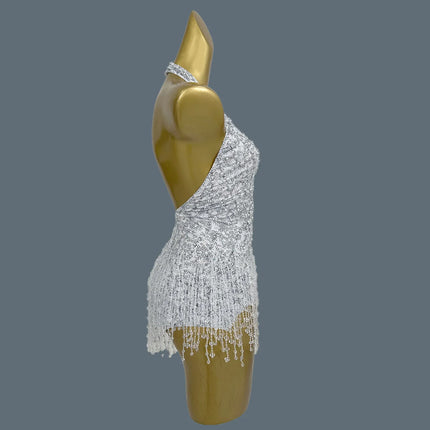 Sparkly Pearl & Crystal Tassel Deep V-Neck Backless White Stage Bodysuit Leotard