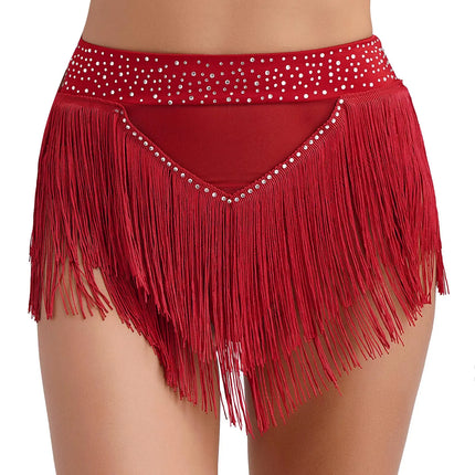 Rhinestone Tassel High-Waist Dance Shorts & Sheer Mesh Fringe Skirt