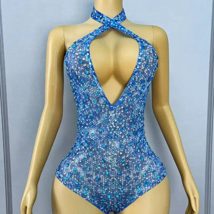 Blue Rhinestones Halter Off-Shoulder Deep V-Neck Mesh Leotard