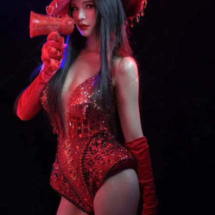 The Stardust Scarlet Siren – Sparkling Rhinestone Deep V Bodysuit, Gloves & Hat Set
