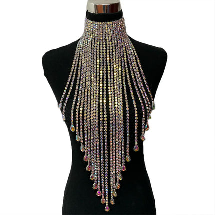 Luxury Rhinestone Long Tassel Statement Choker – Waist-Length Crystal Drop Necklace for Weddings, Galas & High-Fashion Clubwear