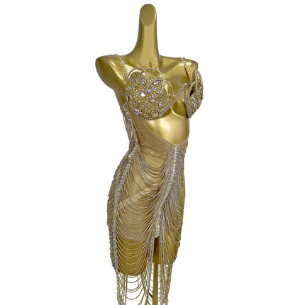 Hollow-Out Rhinestone Tassel Party Mini Dress & Latin Dance Wear