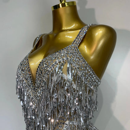 Sparkly Rhinestone Tassel Backless Mesh Bodysuit Luxury Stage Performance Costume