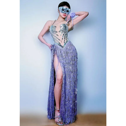 Strapless Rhinestone Fringe High-Slit Showgirl Gown – Glamour Stage Performance & Gala Evening Dress