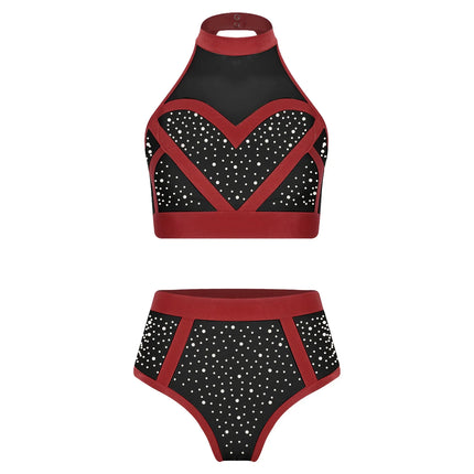 Rhinestone Halter Crop Top & High-Waist Briefs Set Sparkle Two-Piece Dance Set